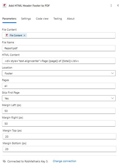 Haz clic para ampliar Agregar encabezado y pie de página HTML Power Automate